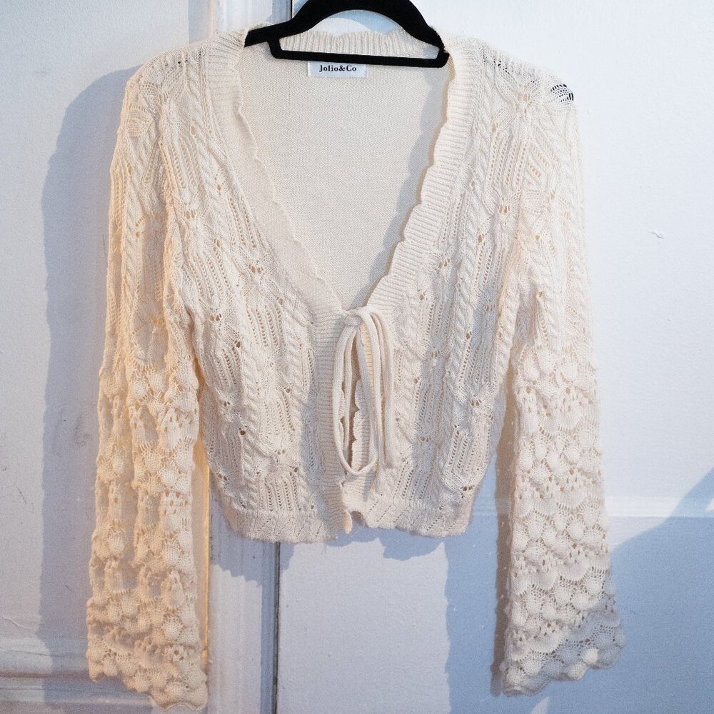 White crochet sweater cardigan with tie front